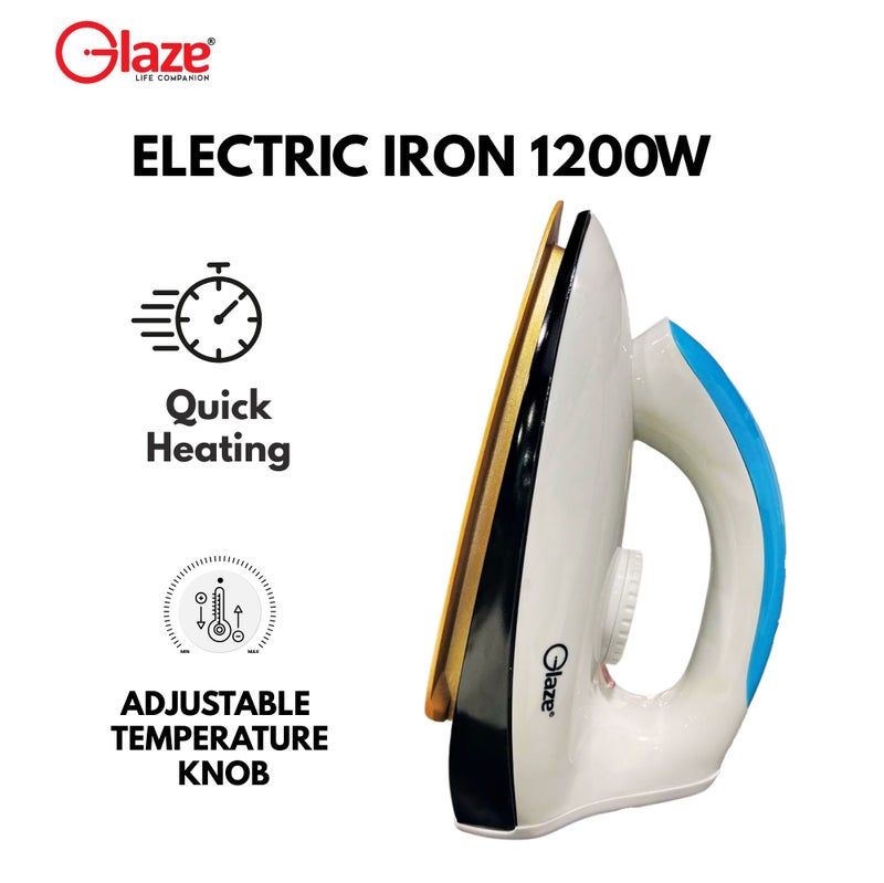 Glaze Electric Iron 1200W White with Auto Shut-Off – Ceramic Gold Non-Stick Soleplate, Adjustable Temperature Control, Heavy Duty Dry Iron for Clothes - Image 2
